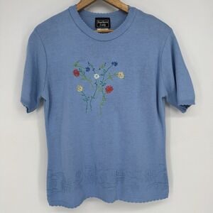 90s‎ Vintage Short Sleeve Sweater Women's Small Blue Embroidered Granny Cottage